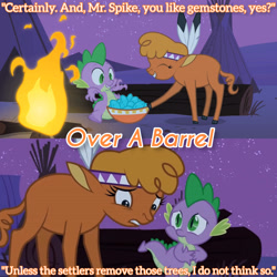 Size: 3072x3072 | Tagged: safe, edit, edited screencap, editor:itsmgh1203, screencap, little strongheart, spike, bison, buffalo, dragon, g4, over a barrel, season 1, bowl, crystal, duo, duo male and female, eyes closed, female, fireplace, frown, grin, high res, male, night, smiling, text