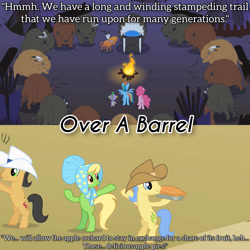 Size: 3072x3072 | Tagged: safe, edit, edited screencap, editor:itsmgh1203, screencap, chief thunderhooves, little strongheart, pinkie pie, rainbow dash, spike, bison, buffalo, dragon, earth pony, pegasus, pony, g4, over a barrel, season 1, bipedal, butt, female, fireplace, food, high res, male, mare, night, pie, plot, spread wings, stallion, text, tipi, unnamed buffalo, unnamed character, wings