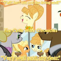 Size: 3072x3072 | Tagged: safe, edit, edited screencap, editor:itsmgh1203, screencap, applejack, aunt orange, earth pony, pony, g4, season 1, the cutie mark chronicles, eyes closed, female, filly, filly applejack, grin, high res, male, mare, open mouth, open smile, smiling, stallion, text, younger