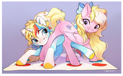 Size: 3144x1967 | Tagged: safe, artist:sofiko-ko, oc, oc only, oc:bay breeze, oc:maui, pegasus, pony, unicorn, blushing, bow, butt, dock, duo, duo male and female, featureless crotch, female, hair bow, heart, heart eyes, horn, looking at each other, looking at someone, male, mare, pegasus oc, plot, smiling, smiling at each other, stallion, tail, twister, unicorn oc, wingding eyes