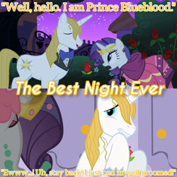 Size: 3072x3072 | Tagged: safe, edit, edited screencap, editor:itsmgh1203, screencap, prince blueblood, rarity, earth pony, pony, unicorn, g4, season 1, the best night ever, clothes, dress, duo, duo male and female, eyes closed, female, gala dress, high res, male, mare, night, open mouth, open smile, smiling, stallion, text