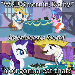 Size: 3072x3072 | Tagged: safe, edit, edited screencap, editor:itsmgh1203, screencap, cookie crumbles, hondo flanks, rarity, pony, unicorn, g4, season 2, sisterhooves social, burnt, carousel boutique, female, high res, male, mare, open mouth, open smile, smiling, stallion, text, trio