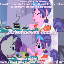 Size: 3072x3072 | Tagged: safe, edit, edited screencap, editor:itsmgh1203, screencap, cookie crumbles, rarity, pony, unicorn, g4, season 2, sisterhooves social, ^^, burnt, carousel boutique, duo, duo female, eyes closed, female, high res, mare, open mouth, open smile, smiling, text