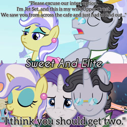 Size: 3072x3072 | Tagged: safe, edit, edited screencap, editor:itsmgh1203, screencap, jet set, rarity, upper crust, pony, unicorn, g4, season 2, sweet and elite, eyes closed, female, frown, high res, male, mare, open mouth, open smile, smiling, stallion, text, trio