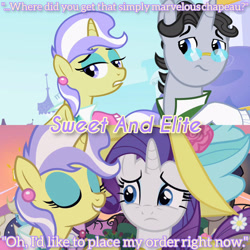 Size: 3072x3072 | Tagged: safe, edit, edited screencap, editor:itsmgh1203, screencap, jet set, rarity, upper crust, pony, unicorn, g4, season 2, sweet and elite, eyes closed, female, frown, high res, male, mare, smiling, stallion, text, trio