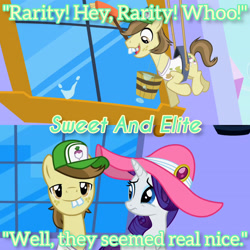 Size: 3072x3072 | Tagged: safe, edit, edited screencap, editor:itsmgh1203, screencap, hayseed turnip truck, rarity, earth pony, pony, unicorn, g4, season 2, sweet and elite, crying, duo, duo male and female, female, frown, high res, male, mare, open mouth, open smile, smiling, stallion, text