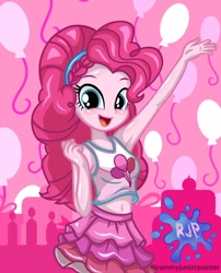 Size: 1080x1335 | Tagged: safe, alternate version, artist:rjp.rammy, pinkie pie, human, equestria girls, g4, my little pony equestria girls: better together, armpits, bare shoulders, belly button, blushing, breasts, busty pinkie pie, clothes, cute, cutie mark on clothes, diapinkes, female, looking at you, open mouth, open smile, reasonably sized breasts, signature, sleeveless, smiling, smiling at you, solo, tank top