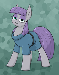 Size: 1461x1875 | Tagged: safe, artist:moonatik, maud pie, earth pony, pony, g4, abstract background, belt, clothes, dress, eyeshadow, female, looking at you, makeup, mare, solo