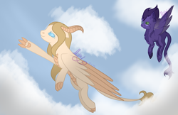 Size: 5400x3500 | Tagged: safe, artist:thecommandermiky, oc, oc:artura, oc:miky command, dragon, hybrid, pegasus, pony, blushing, claws, cloud, cloudy, duo, duo female, female, horn, long tail, looking at someone, looking up, mare, paws, pegasus oc, sky, spots, spread wings, tail, wings