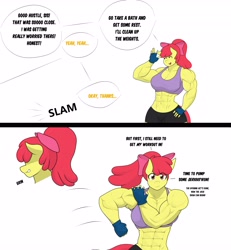Size: 3777x4096 | Tagged: safe, artist:matchstickman, apple bloom, earth pony, anthro, matchstickman's apple brawn series, g4, abs, apple bloom's bow, apple brawn, armpits, biceps, bow, breasts, busty apple bloom, clothes, comic, deltoids, dialogue, female, fingerless gloves, gloves, grin, hair bow, implied applejack, looking at you, mare, muscles, muscular female, offscreen character, older, older apple bloom, pecs, simple background, smiling, solo, speech bubble, white background