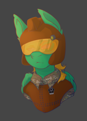 Size: 1800x2500 | Tagged: safe, artist:lazymishel, pegasus, pony, fallout equestria, fallout equestria: dead tree, armor, balefire blues, camouflage, clothes, flashlight (object), green fur, helmet, male, silver alliance (dead tree), soldier, solo, stallion, uniform, unit template, visor, yellow mane