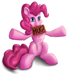 Size: 1150x1235 | Tagged: safe, artist:callichrome, pinkie pie, earth pony, pony, g4, belly button, cute, diapinkes, female, fluffy, hind legs, hug request, looking at you, sign, simple background, sitting, solo, standing on two hooves, tail, text, transparent background