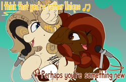 Size: 2148x1395 | Tagged: safe, artist:beardie, oc, oc only, oc:hyra glyph, oc:teuila, okapi, pony, cute, duet, duo, duo female, female, looking at each other, looking at someone, mare, microphone, open mouth, open smile, singing, smiling