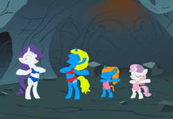 Size: 14554x10000 | Tagged: safe, artist:brightstar40k, artist:optimusv42, rarity, sweetie belle, pony, unicorn, g4, cave pony, cavegirl, caveman, cavemare, cavewoman, chest beating, chest pounding, crossover, eyes closed, female, filly, foal, jungle girl, loincloth, mare, sassette, smurfette, smurfs, tarzan, the smurfs