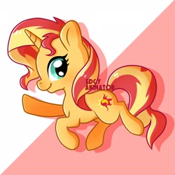 Size: 2700x2700 | Tagged: safe, artist:edgyanimator, derpibooru exclusive, part of a set, sunset shimmer, pony, unicorn, g4, beautiful, cel shading, chibi, colored, colored lineart, cute, cyan eyes, digital art, drop shadow, eyelashes, female, firealpaca, full body, high res, horn, looking sideways, looking to the right, mare, multicolored hair, multicolored mane, multicolored tail, orange coat, orange fur, profile, quadrupedal, raised hoof, raised hooves, red background, red hair, red mane, red tail, shading, signature, simple background, simple shading, smiling, solo, tail, yellow hair, yellow mane, yellow tail