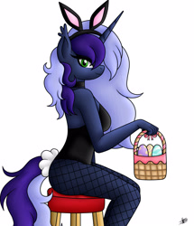 Size: 3000x3492 | Tagged: safe, artist:princessmoonsilver, oc, oc only, oc:krystel, unicorn, anthro, basket, bunny ears, bunny suit, clothes, commission, costume, easter basket, easter egg, female, high res, panties, sexy, simple background, solo, underwear, white background, ych result