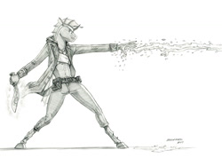 Size: 1500x1067 | Tagged: safe, artist:baron engel, oc, oc:kukri, changeling, anthro, unguligrade anthro, changeling oc, clothes, dagger, grayscale, kukri, magic, male, melee weapon, monochrome, pants, pencil drawing, solo, traditional art, water, weapon
