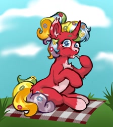 Size: 1143x1276 | Tagged: safe, artist:caninecrypt, oc, oc only, pony, unicorn, cereal, female, food, horn, outdoors, picnic blanket, solo, spoon, unicorn oc