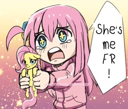 Size: 945x806 | Tagged: safe, artist:retroviruswitch, fluttershy, human, pegasus, pony, g4, anime, bocchi the rock!, crossover, duo, female, flutterbocchi, for realzies, gradient background, hitori gotoh, literally me, speech bubble, teary eyes