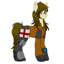 Size: 5800x5800 | Tagged: safe, artist:azusa, oc, oc only, oc:dusty heartwood, earth pony, pony, ashes town, fallout equestria, armor, bag, blue eyes, brown mane, ear piercing, earring, facial scar, jewelry, medic, medical saddlebag, piercing, pipbuck, red cross, scar, simple background, solo, transparent background
