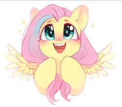 Size: 1200x1045 | Tagged: safe, artist:melodylibris, fluttershy, pegasus, pony, blushing, bust, cute, daaaaaaaaaaaw, ear blush, female, happy, looking up, mare, open mouth, open smile, shyabetes, simple background, smiling, solo, sparkles, spread wings, white background, wings