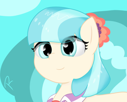 Size: 2500x2000 | Tagged: safe, artist:reinbou, coco pommel, earth pony, pony, g4, blue background, cyan background, female, high res, mare, simple background, smiling, solo