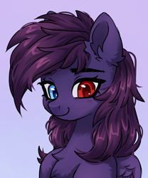 Size: 2856x3430 | Tagged: safe, artist:konejo, oc, oc only, oc:pestyskillengton, pegasus, pony, blue background, bust, chest fluff, female, heterochromia, high res, mare, simple background, sketch, smiling, solo