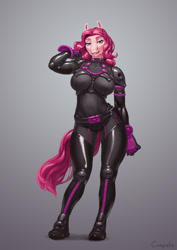 Size: 778x1100 | Tagged: safe, artist:conqista, oc, earth pony, horse, anthro, armor, belly button, blue eyes, boots, breasts, clothes, eyebrows, eyelashes, female, hips, lidded eyes, looking at you, looking forward, pink hair, science fiction, shoes, skintight clothes, smiling, snout, solo, spacesuit, tail, thighs, waist