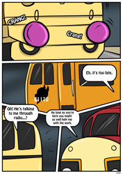 Size: 2480x3507 | Tagged: safe, artist:rex-equinox, part of a set, garble, smolder, comic:smolder's double header, g4, comic, commission, high res, inanimate tf, locomotive, speech bubble, story included, train, trainified, transformation