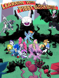 Size: 7500x10000 | Tagged: safe, artist:chedx, applejack, fluttershy, lord tirek, pinkie pie, rainbow dash, rarity, twilight sparkle, alicorn, pegasus, pony, unicorn, comic:learning with pibby glitch battles, g4, boxy boo, bugs bunny, bun bun, butt, comic, cover, crossover, female, fight, floppy ears, huggy wuggy, implied pearl, male, mane six, mare, mommy long legs, mordecai, multiverse, pibby, plot, poppy playtime, regular show, sonic the hedgehog, sonic the hedgehog (series), spear, spongebob squarepants, spongebob squarepants (character), steven universe, tom and jerry, tom cat, twilight sparkle (alicorn), weapon