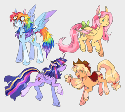 Size: 2047x1838 | Tagged: safe, artist:cloverquil, applejack, fluttershy, rainbow dash, twilight sparkle, alicorn, bat pony, earth pony, pegasus, pony, g4, accessory, bat ponified, bow, flutterbat, goggles, gray background, group, open mouth, quadrupedal, race swap, simple background, tail, tail bow, twilight sparkle (alicorn)