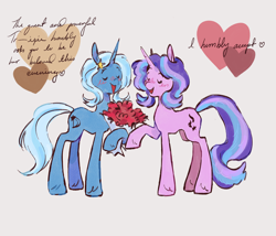 Size: 2048x1757 | Tagged: safe, artist:cloverquil, starlight glimmer, trixie, pony, unicorn, g4, bouquet, female, flower, gray background, heart, holiday, lesbian, quadrupedal, ship:startrix, shipping, simple background, valentine's day