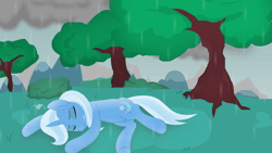 Size: 1280x720 | Tagged: safe, artist:vilord, trixie, pony, unicorn, g4, animated, context in description, female, forest, mare, rain, sleeping, solo, trixie revenge, webm