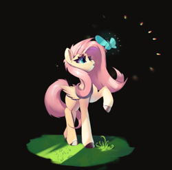Size: 3270x3226 | Tagged: safe, artist:i love hurt, fluttershy, butterfly, pegasus, pony, g4, black background, chest fluff, colored hooves, emanata, female, folded wings, high res, looking at something, looking up, mare, open mouth, partial background, raised hoof, simple background, solo, standing, wings