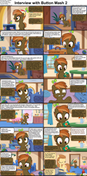 Size: 1282x2590 | Tagged: safe, button mash, oc, oc:cream heart, earth pony, pony, comic:celestia's servant interview, g4, caption, colt, concerned, controller, cs captions, eyes closed, female, foal, food, french fries, hat, image macro, indoors, interview, juice, juice box, kitchen, looking at something, looking at you, male, mare, mother and child, mother and son, propeller hat, text