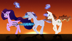 Size: 4000x2250 | Tagged: safe, artist:those kids in the corner, oc, oc:chaos bringer, oc:silverlight, oc:stargazer, alicorn, pony, unicorn, angry, clothes, female, galloping, impending doom, magic, male, mare, rage, running, scared, shadow, shoes, stallion, sunset, telekinesis, terror, this will end in tears, trident, trio, yelling