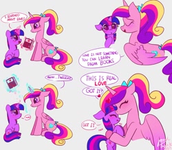Size: 1511x1316 | Tagged: safe, artist:petaltwinkle, princess cadance, twilight sparkle, alicorn, pony, unicorn, g4, blushing, book, comic, cute, cutedance, dialogue, duo, duo female, ears back, eye clipping through hair, eyes closed, female, filly, filly twilight sparkle, floppy ears, forehead kiss, gray background, height difference, holding a pony, kissing, levitation, magic, simple background, sitting, smiling, starry eyes, sweet dreams fuel, teen princess cadance, telekinesis, tongue out, twiabetes, unicorn twilight, wavy mouth, wholesome, wingding eyes, younger