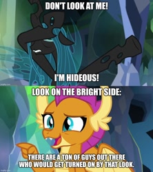 Size: 888x998 | Tagged: safe, edit, edited screencap, screencap, ocellus, smolder, changeling, changeling queen, dragon, g4, what lies beneath, caption, disguise, disguised changeling, dragoness, female, image macro, meme, queen chrysellus, text, truth