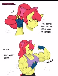 Size: 3163x4096 | Tagged: safe, artist:matchstickman, apple bloom, earth pony, anthro, matchstickman's apple brawn series, g4, abs, apple bloom's bow, apple brawn, biceps, bow, breasts, busty apple bloom, clothes, comic, deltoids, dialogue, female, fingerless gloves, flexing, gloves, hair bow, mare, muscles, muscular female, older, older apple bloom, pecs, simple background, solo, speech bubble, triceps, white background