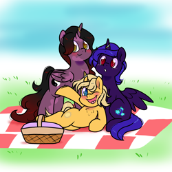 Size: 1300x1300 | Tagged: safe, artist:paperbagpony, oc, alicorn, pony, alicorn oc, basket, blushing, horn, horn ring, picnic, picnic basket, picnic blanket, ring, wings