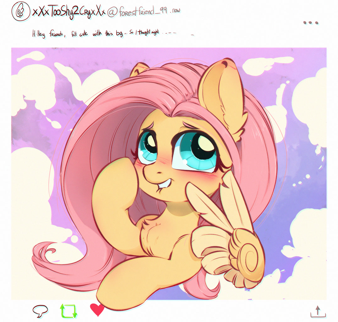 [blushing,bust,chest fluff,cute,female,fluttershy,grin,lip bite,mare,meta,pegasus,pony,raised hoof,safe,solo,twitter,wing hands,wings,peace sign,ear fluff,looking away,shyabetes,chromatic aberration,feather fingers,smiling,three quarter view,artist:inkypuso]