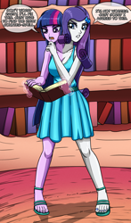 Size: 2166x3686 | Tagged: safe, artist:artemis-polara, rarity, twilight sparkle, human, equestria girls, g4, book, bookshelf, breasts, busty rarity, busty twilight sparkle, cleavage, clothes, commission, conjoined, dress, equestria girls interpretation, feet, fusion, golden oaks library, high heels, high res, levitation, magic, multiple heads, nail polish, open-toed shoes, remake, scene interpretation, shoes, speech bubble, spell gone wrong, telekinesis, toenail polish, toenails, toes, two heads, two heads are better than one, we have become one