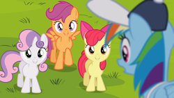 Size: 1920x1080 | Tagged: safe, screencap, apple bloom, rainbow dash, scootaloo, sweetie belle, earth pony, pegasus, pony, unicorn, flight to the finish, g4, season 4, apple bloom's bow, blank flank, bow, coach rainbow dash, cutie mark crusaders, female, filly, foal, group, hair bow, mare, quartet