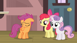 Size: 1920x1080 | Tagged: safe, screencap, apple bloom, scootaloo, sweetie belle, earth pony, pegasus, pony, unicorn, flight to the finish, g4, season 4, apple bloom's bow, blank flank, bow, cutie mark crusaders, eyes closed, female, filly, foal, hair bow, train station, trio