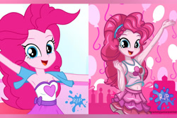 Size: 2880x1920 | Tagged: safe, alternate version, artist:rjp.rammy, edit, editor:itsmgh1203, pinkie pie, human, equestria girls, g4, my little pony equestria girls: better together, armpits, bare shoulders, belly button, blushing, breasts, busty pinkie pie, clothes, cute, cutie mark on clothes, diapinkes, female, hnnng, looking at you, open mouth, open smile, reasonably sized breasts, signature, skirt, sleeveless, smiling, smiling at you, solo, tank top, weapons-grade cute