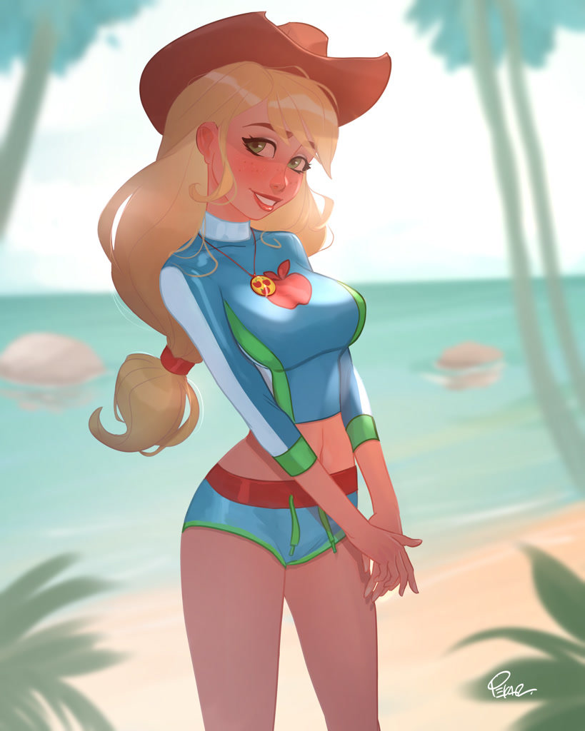 [applejack,beach,clothes,equestria girls,female,hat,human,looking at you,ocean,safe,solo,swimsuit,water,part of a set,smiling,smiling at you,magical geodes,geode of super strength,forgotten friendship,equestria girls series,artist:joe pekar]