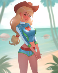 Size: 3200x4000 | Tagged: safe, artist:joe pekar, part of a set, applejack, human, equestria girls, equestria girls series, forgotten friendship, g4, applejack's beach shorts swimsuit, applejack's hat, beach, beautiful, breasts, busty applejack, clothes, cowboy hat, female, geode of super strength, hat, looking at you, magical geodes, multiple variants, ocean, smiling, smiling at you, solo, swimsuit, water