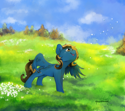 Size: 4500x4000 | Tagged: safe, artist:midnightpremiere, oc, oc only, oc:nas, pegasus, pony, dandelion, looking at something, looking up, open mouth, outdoors, smiling, solo, spread wings, standing, wings
