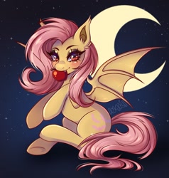 Size: 1795x1885 | Tagged: safe, artist:in4ri_, fluttershy, bat pony, pony, g4, apple, bat ponified, bat wings, crescent moon, female, flutterbat, food, looking at you, mare, moon, mouth hold, race swap, signature, solo, sparkles, spread wings, stars, wings