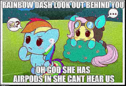 Size: 735x500 | Tagged: safe, artist:doctor-g, edit, fluttershy, rainbow dash, g4, airpods, bush, chibi, clothes, costume, dangerous mission outfit, deep fried meme, goggles, hoodie, imminent pounce, meme, needs more jpeg, squidward the truck's coming